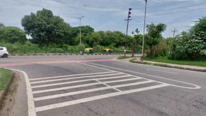 Besides alerting the motorists about a cycle track ahead, the strips will also prevent commuters from spinal issues caused by driving over a speed breaker.(HT PHOTO) Besides alerting the motorists about a cycle track ahead, the strips will also prevent commuters from spinal issues caused by driving over a speed breaker.(HT PHOTO)