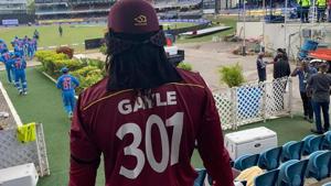 Chris Gayle sported the number 301 on his jersey to signify his 301st ODI encounter.(Twitter) Chris Gayle sported the number 301 on his jersey to signify his 301st ODI encounter.(Twitter)