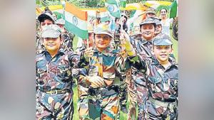 A parade of flag bearing students. A parade of flag bearing students.