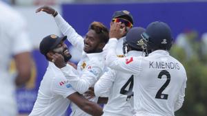 Galle: Sri Lanka's bowler Akila Dananjaya, second left, celebrates taking the wicket of New Zealand's Kane Williamson.(AP) Galle: Sri Lanka's bowler Akila Dananjaya, second left, celebrates taking the wicket of New Zealand's Kane Williamson.(AP)