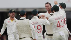 Australia's Josh Hazlewood celebrates with team mates after taking the wicket of England's Jason Roy.(AP) Australia's Josh Hazlewood celebrates with team mates after taking the wicket of England's Jason Roy.(AP)