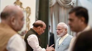 Prime Minister Narendra Modi with Defence Minister Rajnath Singh during a reception organised on the occasion of 73rd Independence Day, at Rashtrapati Bhavan in New Delhi on August 15.(Photo: PTI) Prime Minister Narendra Modi with Defence Minister Rajnath Singh during a reception organised on the occasion of 73rd Independence Day, at Rashtrapati Bhavan in New Delhi on August 15.(Photo: PTI)