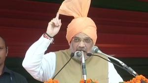 Union Home Minister Amit Shah on Friday addressed a grand public rally in Haryana’s Jind district.(ANI/Twitter)
