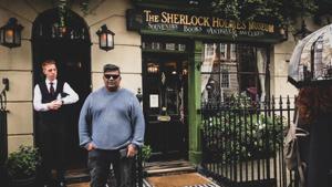 Mysskin poses outside the Sherlock Holmed Museum. Mysskin poses outside the Sherlock Holmed Museum.