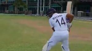 Mayank Agarwal comes out to bat during a practice game against West Indies A(BCCI/ Twitter) Mayank Agarwal comes out to bat during a practice game against West Indies A(BCCI/ Twitter)