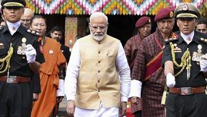 Prime Minister Narendra Modi being welcomed at Tashichhodzong Palace in Thimphu, Bhutan, August 17, 2019.(PTI photo) Prime Minister Narendra Modi being welcomed at Tashichhodzong Palace in Thimphu, Bhutan, August 17, 2019.(PTI photo)