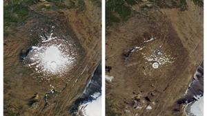 This combination of Sept. 14, 1986, left, and Aug. 1, 2019 photos provided by NASA shows the shrinking of the Okjokull glacier on the Ok volcano in west-central Iceland.(AP photo) This combination of Sept. 14, 1986, left, and Aug. 1, 2019 photos provided by NASA shows the shrinking of the Okjokull glacier on the Ok volcano in west-central Iceland.(AP photo)