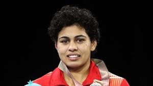 Pooja Dhanda during the medal ceremony for the Women's Freestyle 57 kg at Gold Coast 2018 Commonwealth Games.(Getty Images) Pooja Dhanda during the medal ceremony for the Women's Freestyle 57 kg at Gold Coast 2018 Commonwealth Games.(Getty Images)