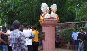 The busts of Veer Savarkar, Sardar Bhagat Singh and Netaji Subhash Chandra Bose were installed at the Delhi University’s north campus on Tuesday morning.(HT Photo) The busts of Veer Savarkar, Sardar Bhagat Singh and Netaji Subhash Chandra Bose were installed at the Delhi University’s north campus on Tuesday morning.(HT Photo)