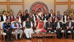 A file picture shows Prime Minister Narendra Modi and Union home minister Rajnath Singh with Naga leaders after signing the framework agreement in 2015. Seated on the extreme right is R N Ravi, chief interlocutor and Prime Minister Narendra Modi’s envoy, who is leading the Centre’s team of interlocutors.(PTI File Photo) A file picture shows Prime Minister Narendra Modi and Union home minister Rajnath Singh with Naga leaders after signing the framework agreement in 2015. Seated on the extreme right is R N Ravi, chief interlocutor and Prime Minister Narendra Modi’s envoy, who is leading the Centre’s team of interlocutors.(PTI File Photo)