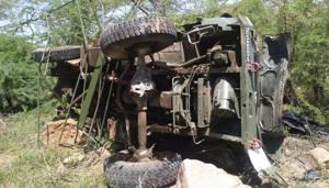 The truck in which the IAF personnel were travelling in fell off a hill in Rajasthan’s Barmer district.(HT photo) The truck in which the IAF personnel were travelling in fell off a hill in Rajasthan’s Barmer district.(HT photo)