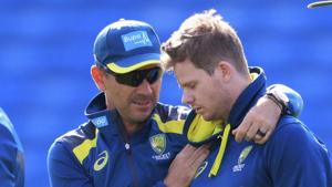 Australia coach Justin Langer, centre left, and Steve Smith, center right, during a nets session at Headingley.(AP) Australia coach Justin Langer, centre left, and Steve Smith, center right, during a nets session at Headingley.(AP)
