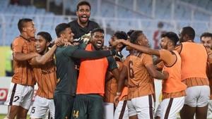 Gokulam Kerala footballers celebrate with their goalkeeper C.K.Ubaid after their win against East Bengal.(PTI) Gokulam Kerala footballers celebrate with their goalkeeper C.K.Ubaid after their win against East Bengal.(PTI)