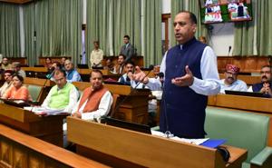 Chief minister Jai Ram Thakur addressing the House on the third day of monsoon session, in Shimla on Wednesday.(HTphoto) Chief minister Jai Ram Thakur addressing the House on the third day of monsoon session, in Shimla on Wednesday.(HTphoto)