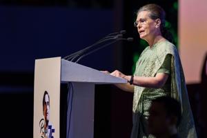 New Congress President Sonia Gandhi speaks during the 75th birth anniversary celebrations of former prime minister Rajiv Gandhi, at KD Jadhav Indoor Stadium in New Delhi.(Photo:PTI) New Congress President Sonia Gandhi speaks during the 75th birth anniversary celebrations of former prime minister Rajiv Gandhi, at KD Jadhav Indoor Stadium in New Delhi.(Photo:PTI)
