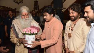 Amitabh Bachchan is welcomed by Pawan Kalyan, Chiranjeevi and Ram Charan. Amitabh Bachchan is welcomed by Pawan Kalyan, Chiranjeevi and Ram Charan.