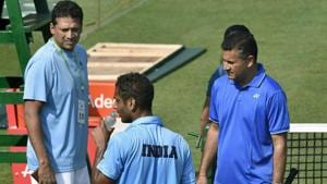 India's non playing captain Mahesh Bhupathi with coach Jishan Ali and player Ramkumar Ramanathan.(AP) India's non playing captain Mahesh Bhupathi with coach Jishan Ali and player Ramkumar Ramanathan.(AP)