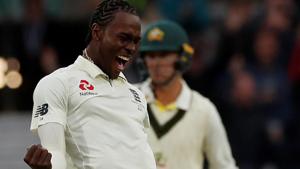 England's Jofra Archer celebrates taking the wicket of Australia's Nathan Lyon.(Action Images via Reuters) England's Jofra Archer celebrates taking the wicket of Australia's Nathan Lyon.(Action Images via Reuters)