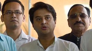New Delhi, India - March 14, 2018: Senior Congress leader Jyotiraditya Scindia addresses media at Parliament House, New Delhi, India, on Wednesday, March 14, 2018.((Photo by Sushil Kumar/ Hindustan Times)) New Delhi, India - March 14, 2018: Senior Congress leader Jyotiraditya Scindia addresses media at Parliament House, New Delhi, India, on Wednesday, March 14, 2018.((Photo by Sushil Kumar/ Hindustan Times))