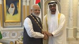 PM Modi and Crown Prince Sheikh Mohammed bin Zayed Al Nahyan discussed the measures to improve trade and cultural ties between India and the UAE.(ANI PHOTO.) PM Modi and Crown Prince Sheikh Mohammed bin Zayed Al Nahyan discussed the measures to improve trade and cultural ties between India and the UAE.(ANI PHOTO.)
