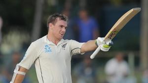 Tom Latham celebrates scoring a century during day three of the second test cricket match between Sri Lanka and New Zealand.(AP) Tom Latham celebrates scoring a century during day three of the second test cricket match between Sri Lanka and New Zealand.(AP)