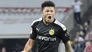 Dortmund's Jadon Sancho celebrates after scoring during the German Bundesliga.(AP) Dortmund's Jadon Sancho celebrates after scoring during the German Bundesliga.(AP)