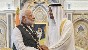 Prime Minister Narendra Modi shakes hands with Crown Prince of the Emirate of Abu Dhabi and Deputy Supreme Commander of the United Arab Emirates Armed Forces Sheikh Mohammed bin Zayed Al Nahyan after being conferred ' Order of Zayed'-- UAE's highest civil decoration, in Abu Dhabi, Saturday, Aug 24, 2019.(PTI photo) Prime Minister Narendra Modi shakes hands with Crown Prince of the Emirate of Abu Dhabi and Deputy Supreme Commander of the United Arab Emirates Armed Forces Sheikh Mohammed bin Zayed Al Nahyan after being conferred ' Order of Zayed'-- UAE's highest civil decoration, in Abu Dhabi, Saturday, Aug 24, 2019.(PTI photo)