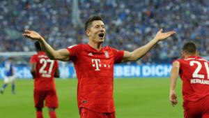 Bayern Munich's Robert Lewandowski celebrates scoring their second goal.(REUTERS)