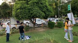 Actors rehearsing at the garden at central Delhi’s Mandi House traffic circle.(HT Photo) Actors rehearsing at the garden at central Delhi’s Mandi House traffic circle.(HT Photo)