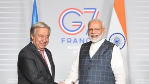 Prime Minister Narendra Modi met Guterres on the sidelines of the G-7 Summit being held in this picturesque southwestern seaside French town.(PMOIndia/Twitter) Prime Minister Narendra Modi met Guterres on the sidelines of the G-7 Summit being held in this picturesque southwestern seaside French town.(PMOIndia/Twitter)