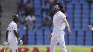 India's Ishant Sharma celebrates taking the wicket of West Indies' Shamarh Brooks.(AP) India's Ishant Sharma celebrates taking the wicket of West Indies' Shamarh Brooks.(AP)