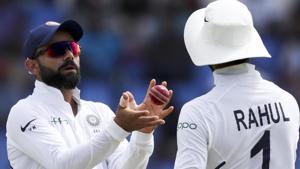 India's captain Virat Kohli gets the ball from India's KL Rahul.(AP) India's captain Virat Kohli gets the ball from India's KL Rahul.(AP)