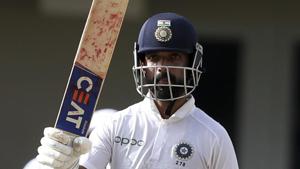 India's Ajinkya Rahane celebrates scoring half a century against West Indies in the first Test.(AP) India's Ajinkya Rahane celebrates scoring half a century against West Indies in the first Test.(AP)