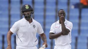 West Indies' Kemar Roach watches India's Hanuma Vihari scoring runs(AP) West Indies' Kemar Roach watches India's Hanuma Vihari scoring runs(AP)