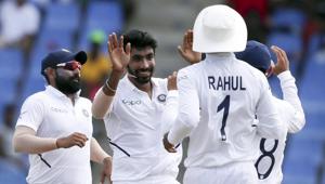 Jasprit Bumrah celebrates taking the wicket of Darren Bravo during day four of the first Test between India and West Indies.(AP) Jasprit Bumrah celebrates taking the wicket of Darren Bravo during day four of the first Test between India and West Indies.(AP)