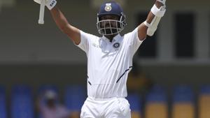 India's Ajinkya Rahane celebrates after he scored a century against West Indies(AP) India's Ajinkya Rahane celebrates after he scored a century against West Indies(AP)