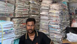 Gaurav’s shop in Jacobpura, Gurugram stocks thousands of newspapers on its shelves before these are sold to paper-recycling plants.(HT Photo) Gaurav’s shop in Jacobpura, Gurugram stocks thousands of newspapers on its shelves before these are sold to paper-recycling plants.(HT Photo)