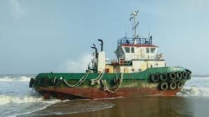 The Malaysian vessel ran aground near Chilika lake on August 7 after it drifted in a storm in the Bay of Bengal.(HT PHOTO) The Malaysian vessel ran aground near Chilika lake on August 7 after it drifted in a storm in the Bay of Bengal.(HT PHOTO)