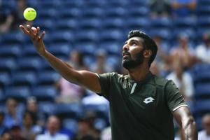 Prajnesh Gunneswaran, of India, serves to Daniil Medvedev, of Russia.(AP) Prajnesh Gunneswaran, of India, serves to Daniil Medvedev, of Russia.(AP)