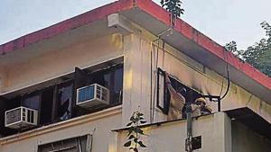 Firefighters try to douse the fire that broke out inside the office of Delhi Commission for Women, at Vikas Bhawan, ITO, in New Delhi on Tuesday, August 27, 2019. (Photo by Sanchit Khanna/ Hindustan Times)