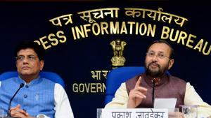 Minister of Environment, Forest and Climate Change Prakash Javadekar and Minister of Railways Piyush Goyal during a press conference after the cabinet meeting, in New Delhi, on Wednesday, August 28, 2019. (HT Photo) Minister of Environment, Forest and Climate Change Prakash Javadekar and Minister of Railways Piyush Goyal during a press conference after the cabinet meeting, in New Delhi, on Wednesday, August 28, 2019. (HT Photo)
