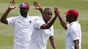 Miguel Cummins of the West Indies celebrates with teammates(Getty Images) Miguel Cummins of the West Indies celebrates with teammates(Getty Images)