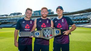 England players with the WWE championship belt.(WWE) England players with the WWE championship belt.(WWE)