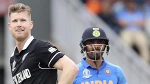 James Neesham, left, watches after Ravindra Jadeja, right, hit a six on his delivery during the Cricket World Cup semi-final match between India and New Zealand.(AP) James Neesham, left, watches after Ravindra Jadeja, right, hit a six on his delivery during the Cricket World Cup semi-final match between India and New Zealand.(AP)