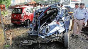 Three students suffered minor injuries after a truck rammed into a school bus and two other cars at the Brahmand signal on Ghodbunder Road in the morning hours. The truck driver was arrested immediately.( Praful Gangurde/ HT Photo) Three students suffered minor injuries after a truck rammed into a school bus and two other cars at the Brahmand signal on Ghodbunder Road in the morning hours. The truck driver was arrested immediately.( Praful Gangurde/ HT Photo)