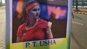 The poster shows a photograph of Sania Mirza with PT Usha’s name written below it.(Twitter/@smitapop) The poster shows a photograph of Sania Mirza with PT Usha’s name written below it.(Twitter/@smitapop)
