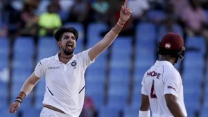 North Sound: India's Ishant Sharma celebrates taking the wicket of West Indies' Shai Hope during day two of the first Test cricket match at the Sir Vivian Richards cricket ground in North Sound, Antigua and Barbuda, Friday, Aug. 23, 2019.(AP) North Sound: India's Ishant Sharma celebrates taking the wicket of West Indies' Shai Hope during day two of the first Test cricket match at the Sir Vivian Richards cricket ground in North Sound, Antigua and Barbuda, Friday, Aug. 23, 2019.(AP)