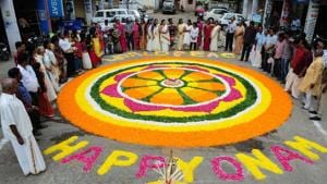 Malyali community of Mahabali Nagar decorated Bhopal`s biggest Pookkalam to welcome the emperor Mahabali ahead of Onam festival in Bhopal, India, on Sunday, August 23, 2015. (Photo by Mujeeb Faruqui/ Hindustan Times)(Hindustan Times) Malyali community of Mahabali Nagar decorated Bhopal`s biggest Pookkalam to welcome the emperor Mahabali ahead of Onam festival in Bhopal, India, on Sunday, August 23, 2015. (Photo by Mujeeb Faruqui/ Hindustan Times)(Hindustan Times)