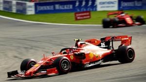 Ferrari driver Charles Leclerc of Monaco steers his car during the Belgian Formula One Grand Prix.(AP) Ferrari driver Charles Leclerc of Monaco steers his car during the Belgian Formula One Grand Prix.(AP)