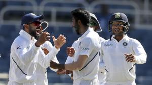 India's Jasprit Bumrah, center, is congratulated by captain Virat Kohli for his hat-trick wicket, by the dismissal of West Indies' Roston Chase(AP) India's Jasprit Bumrah, center, is congratulated by captain Virat Kohli for his hat-trick wicket, by the dismissal of West Indies' Roston Chase(AP)